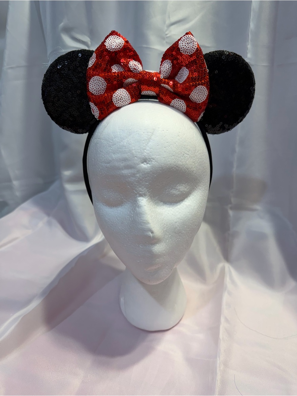 Minnie Mouse Disney Red Sequin Polka Dot Bow Headband with Black Sequin Ears - Picture 2 of 3